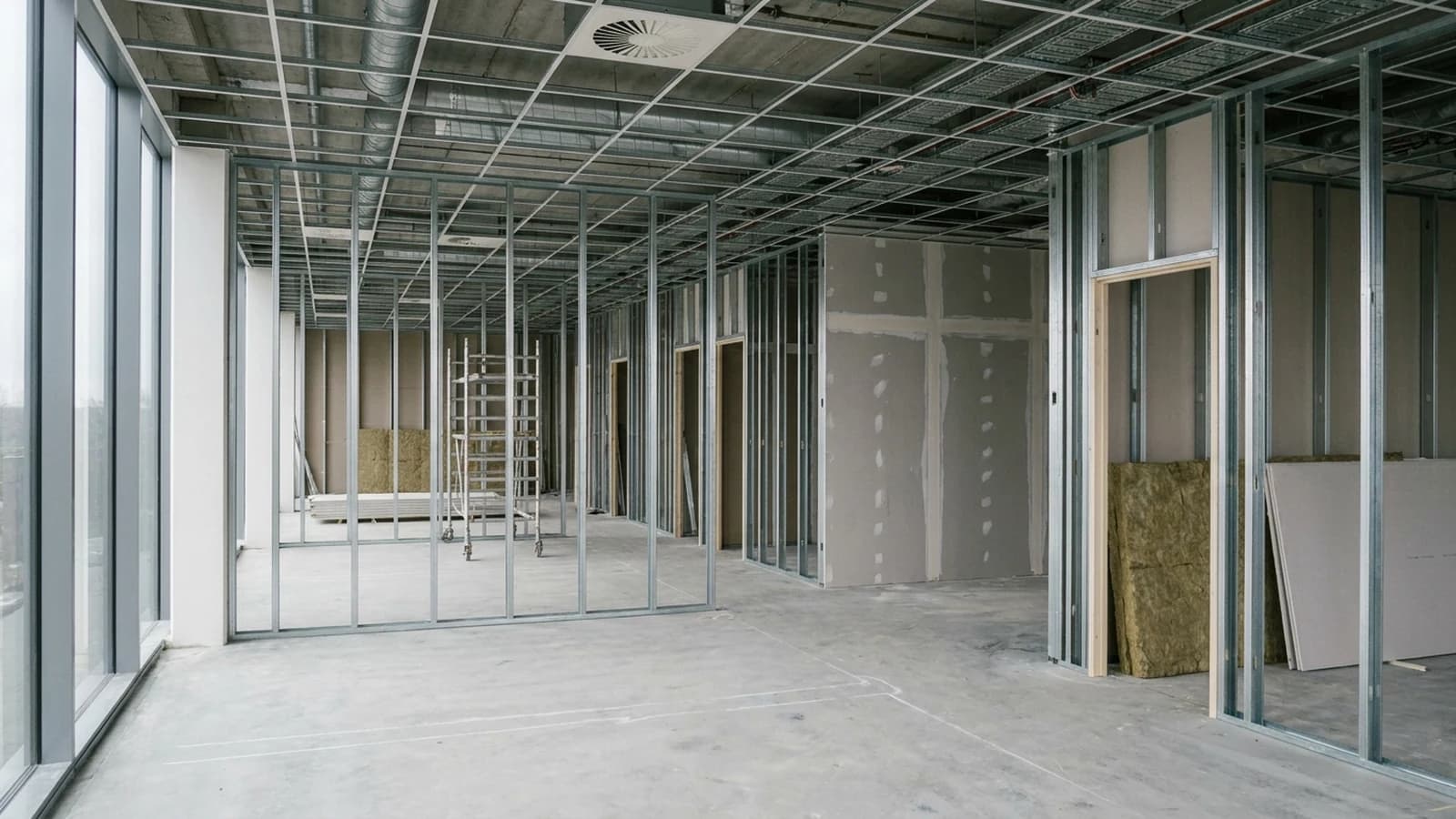 Kantoorvloer in afbouw met metalstud-frames, deels gesloten gipswanden en een open plafondrooster