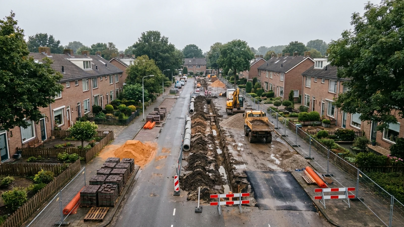 Straatreconstructie in een Nederlandse woonwijk: open sleuf voor riolering, rioolbuizen en klinkers langs de kant