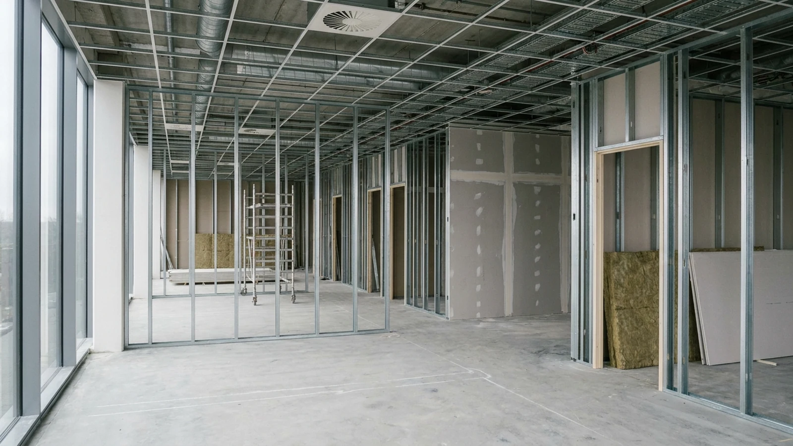 Kantoorvloer in afbouw met metalstud-frames, deels gesloten gipswanden en een open plafondrooster
