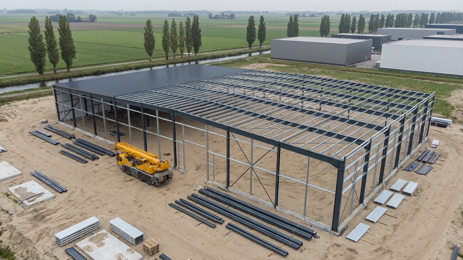 Staalskelet van een distributiehal in aanbouw op een bedrijventerrein in de Nederlandse polder