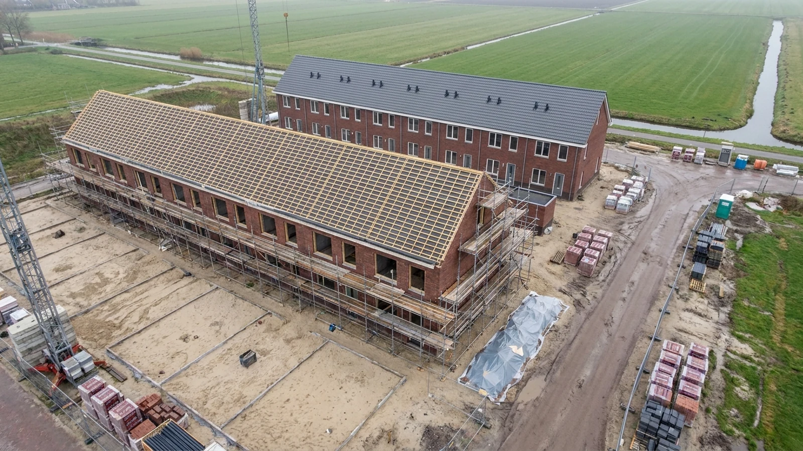 Rij nieuwbouwwoningen in aanbouw in een Nederlandse polder, met steigers en een dak in de kap